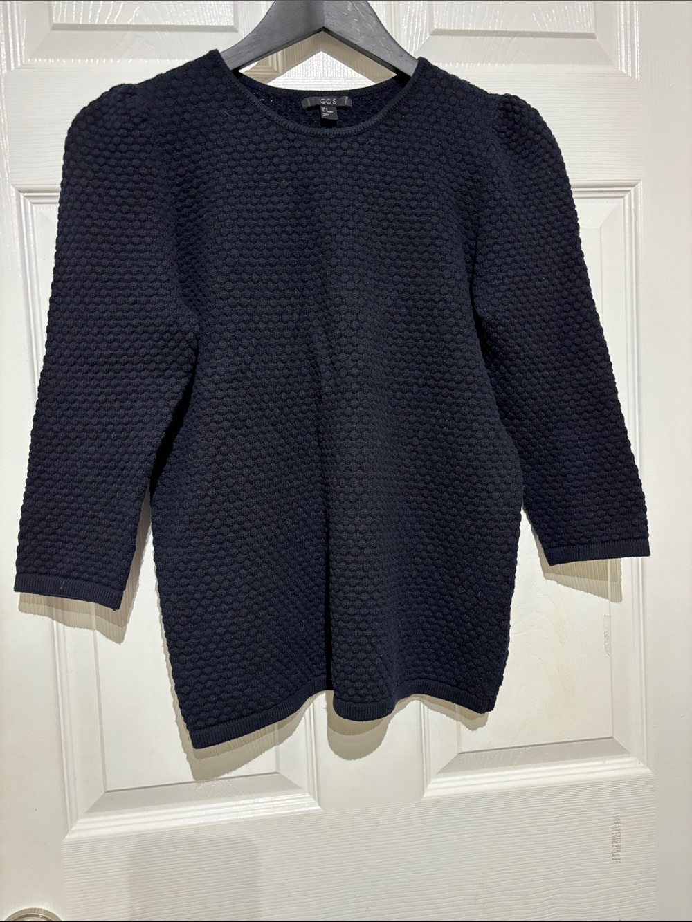COS Navy Textured Puff-Sleeve Knit Top